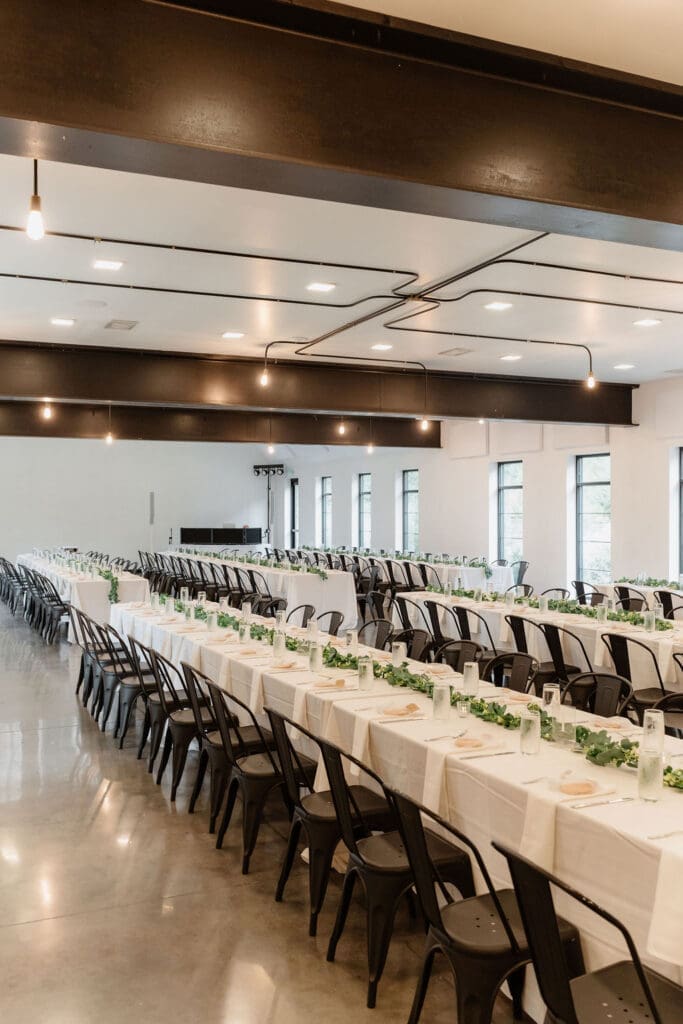 reception space with long tables at Pinewood wedding venue